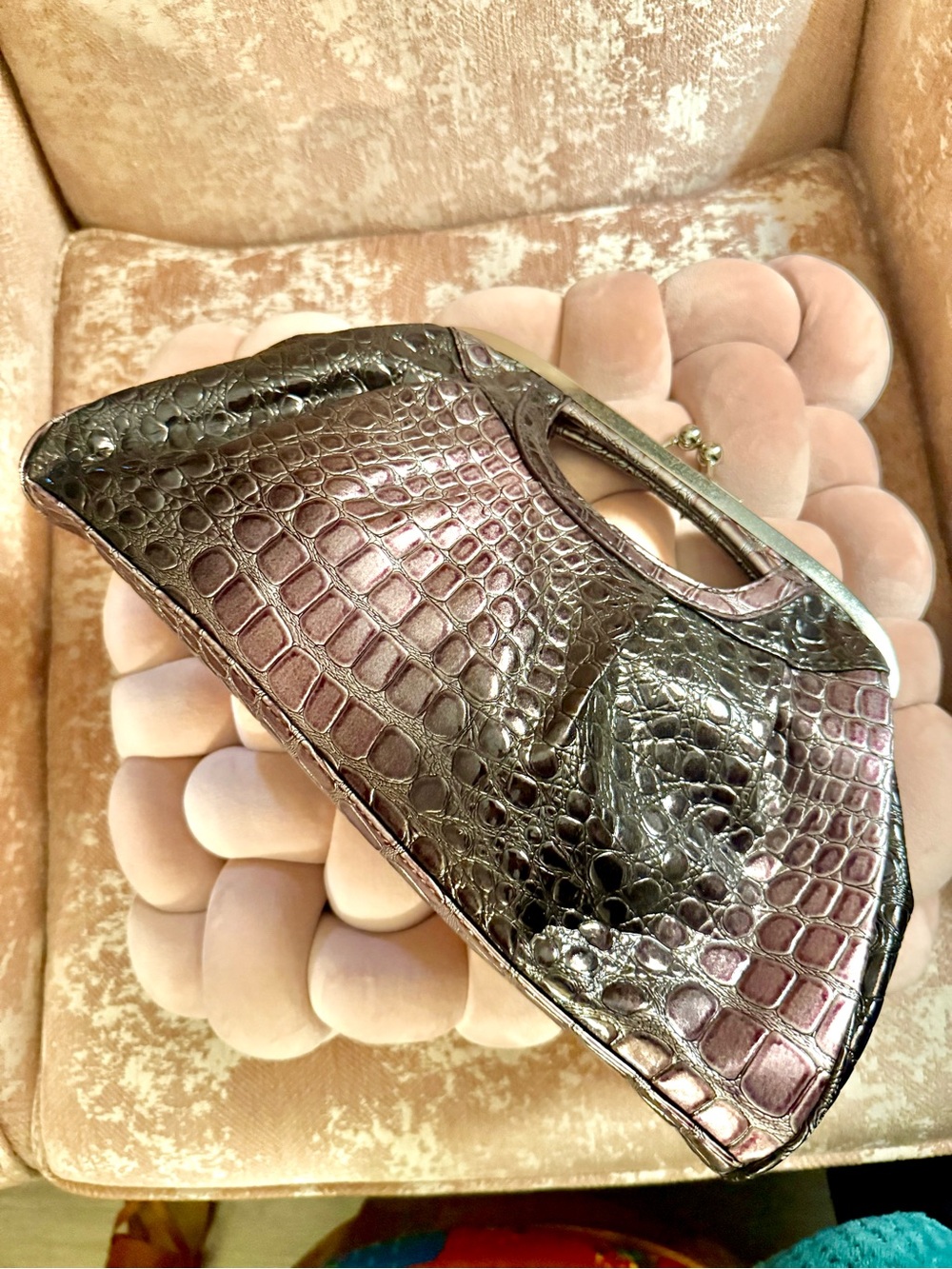 Elegant Croc-Embossed Women's Clutch in Deep Plum and Black